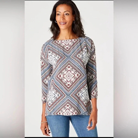 J Jill diamond pattern 3/4 sleeve blouse button back size medium A26 - Picture 1 of 10